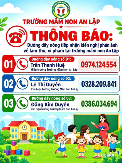 📢 THÔNG BÁO ĐƯỜNG DÂY NÓNG TRƯỜNG MẦM NON AN LẬP 📞