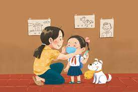 Hình ảnh mẹ dạy bé đeo khẩu trang đúng cách
